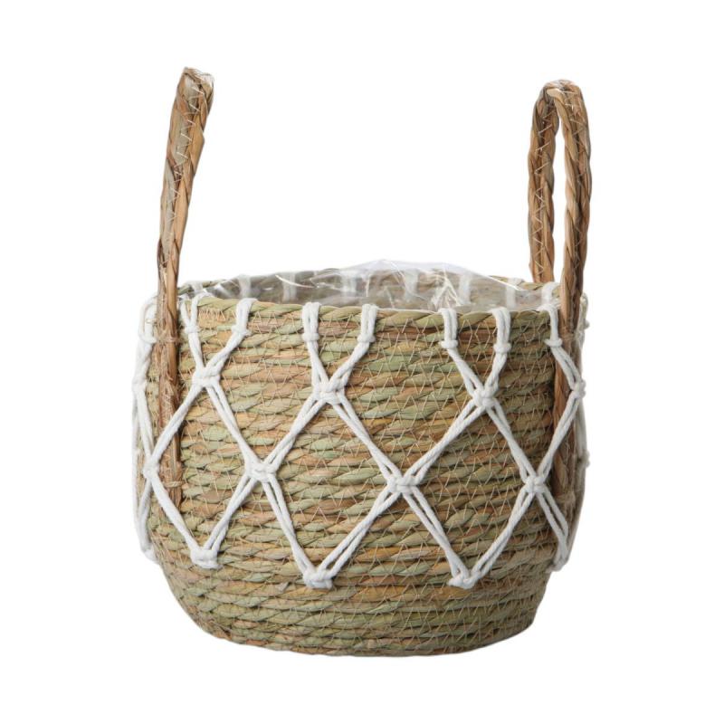 Seegraskorb mit Henkel wei&szlig;es Netzdesign