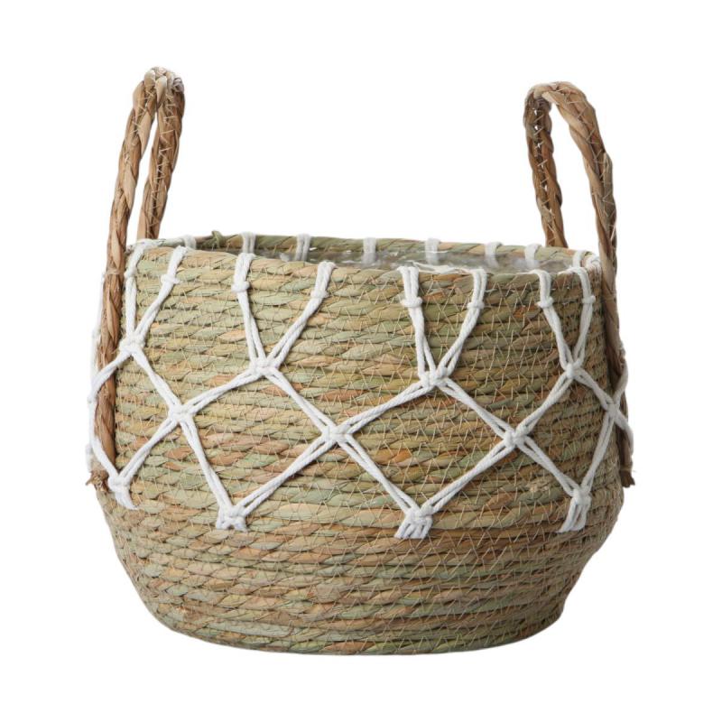 Seegraskorb mit Henkel wei&szlig;es Netzdesign