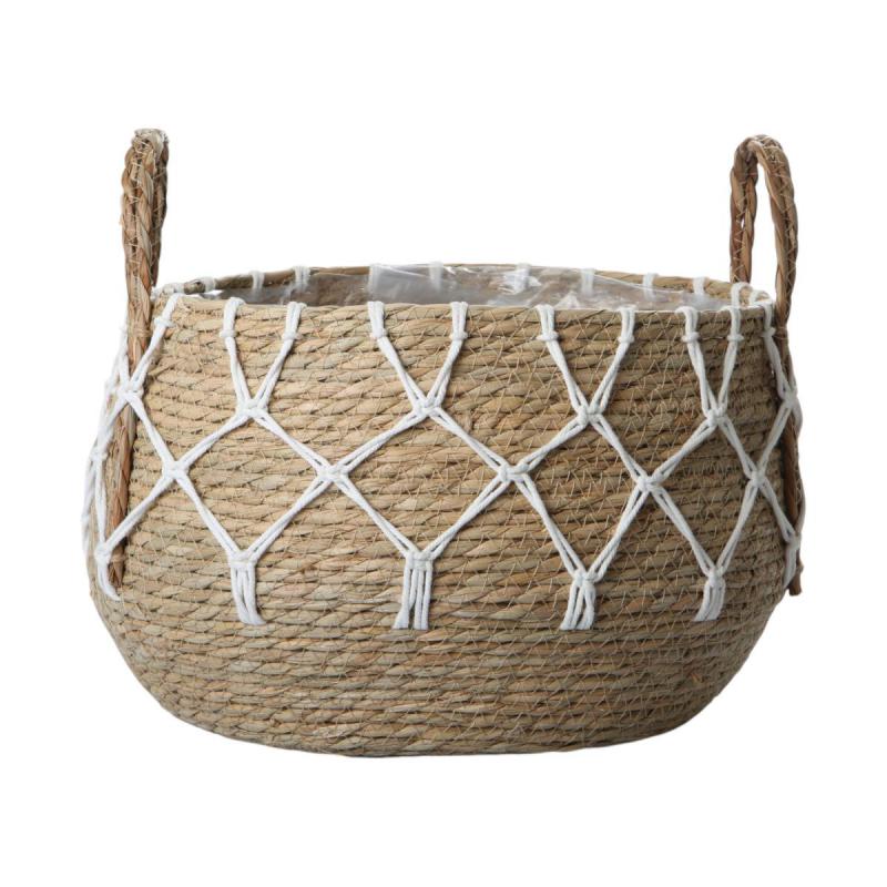 Seegraskorb mit Henkel wei&szlig;es Netzdesign