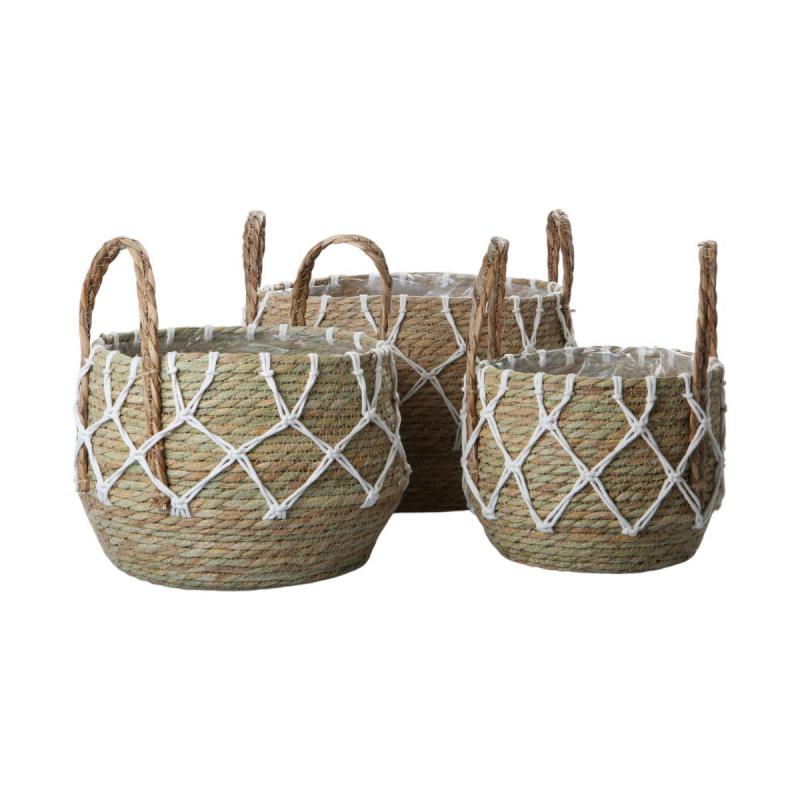 Seegraskorb mit Henkel wei&szlig;es Netzdesign