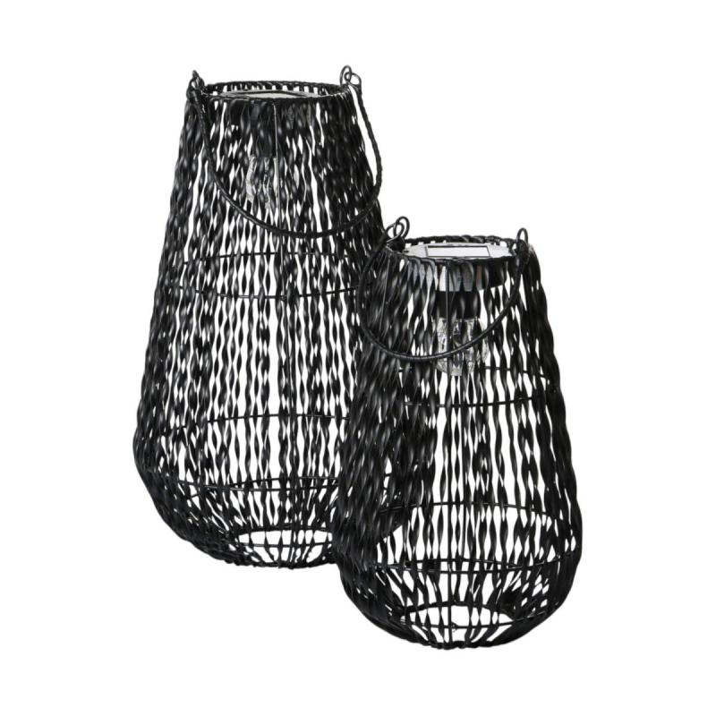 Rattan-Laterne mit Solarleuchte schwarz