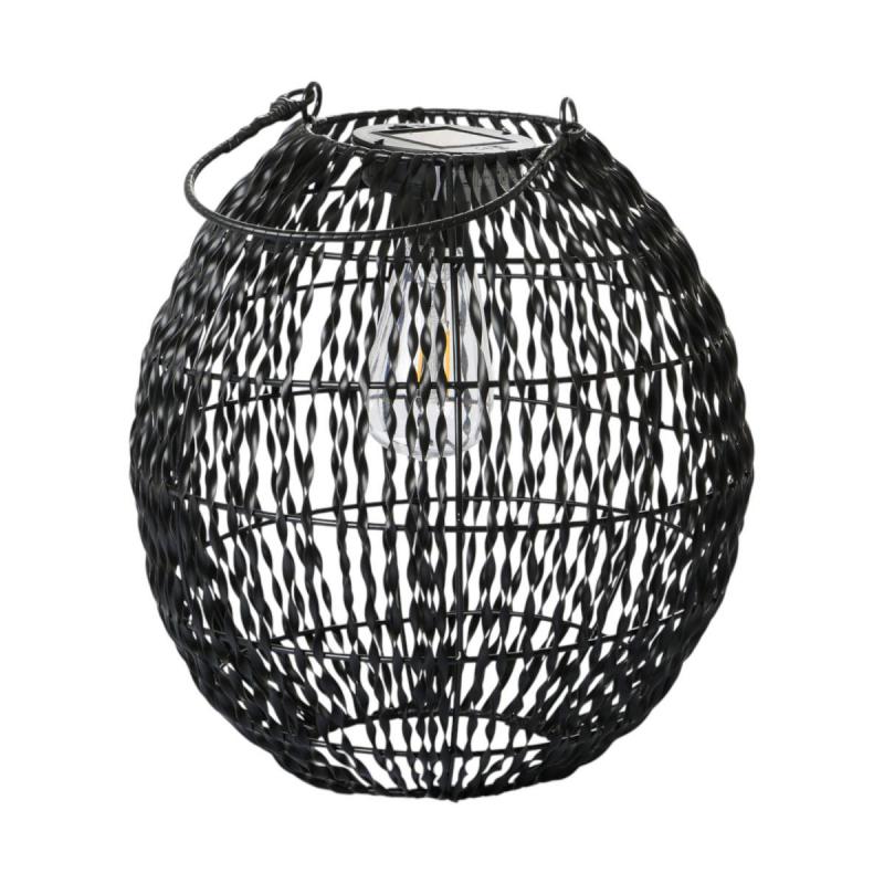 Rattan-Laterne mit Solarleuchte schwarz