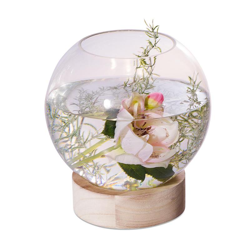 Kugelvase mit Holzständer mit LED