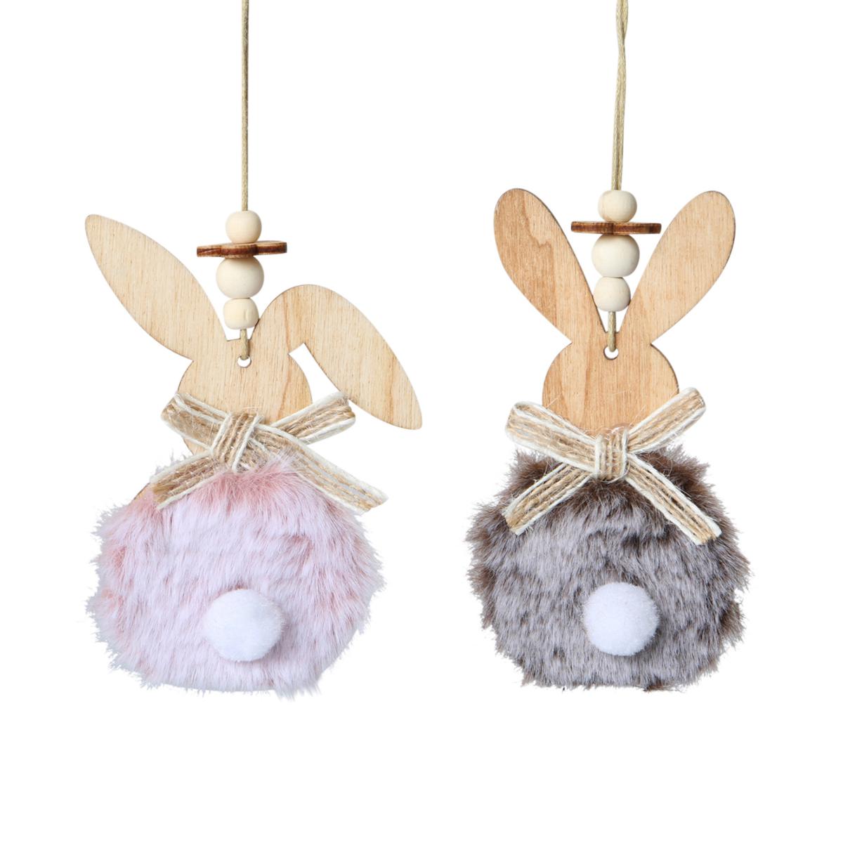 Holz-Osterhasen mit Kunstfell rosa/braun Farbmix