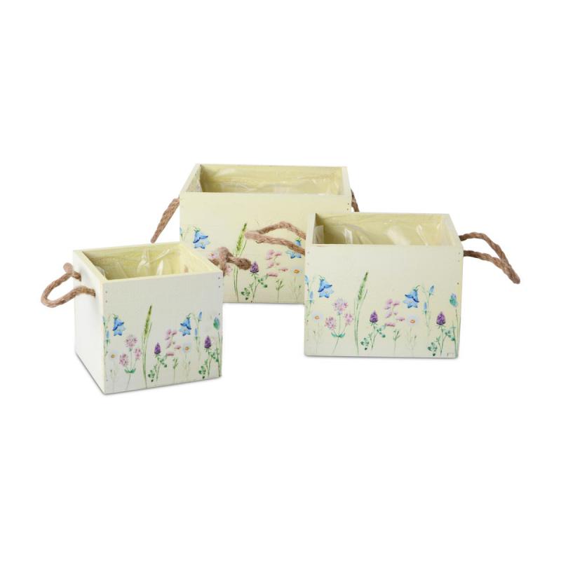 Holz-Kiste quadratisch mit Blümchen