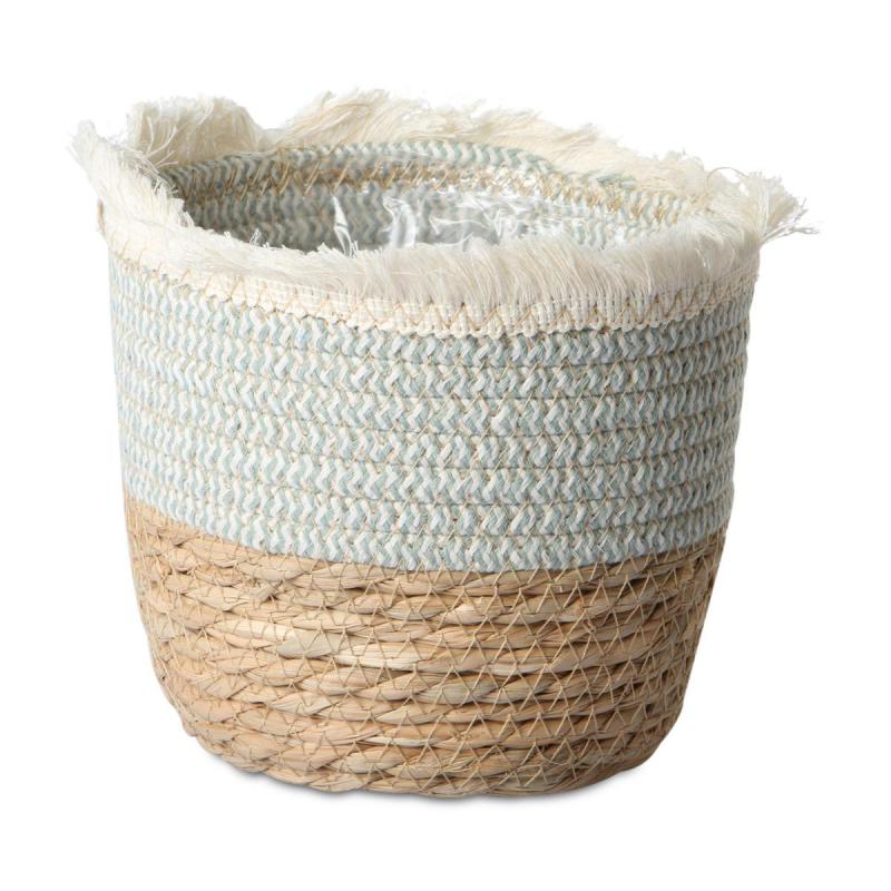 Korb-Übertopf mit Fransen blau