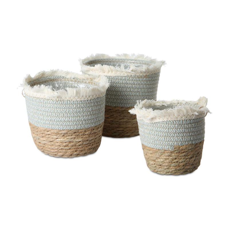 Korb-Übertopf mit Fransen blau