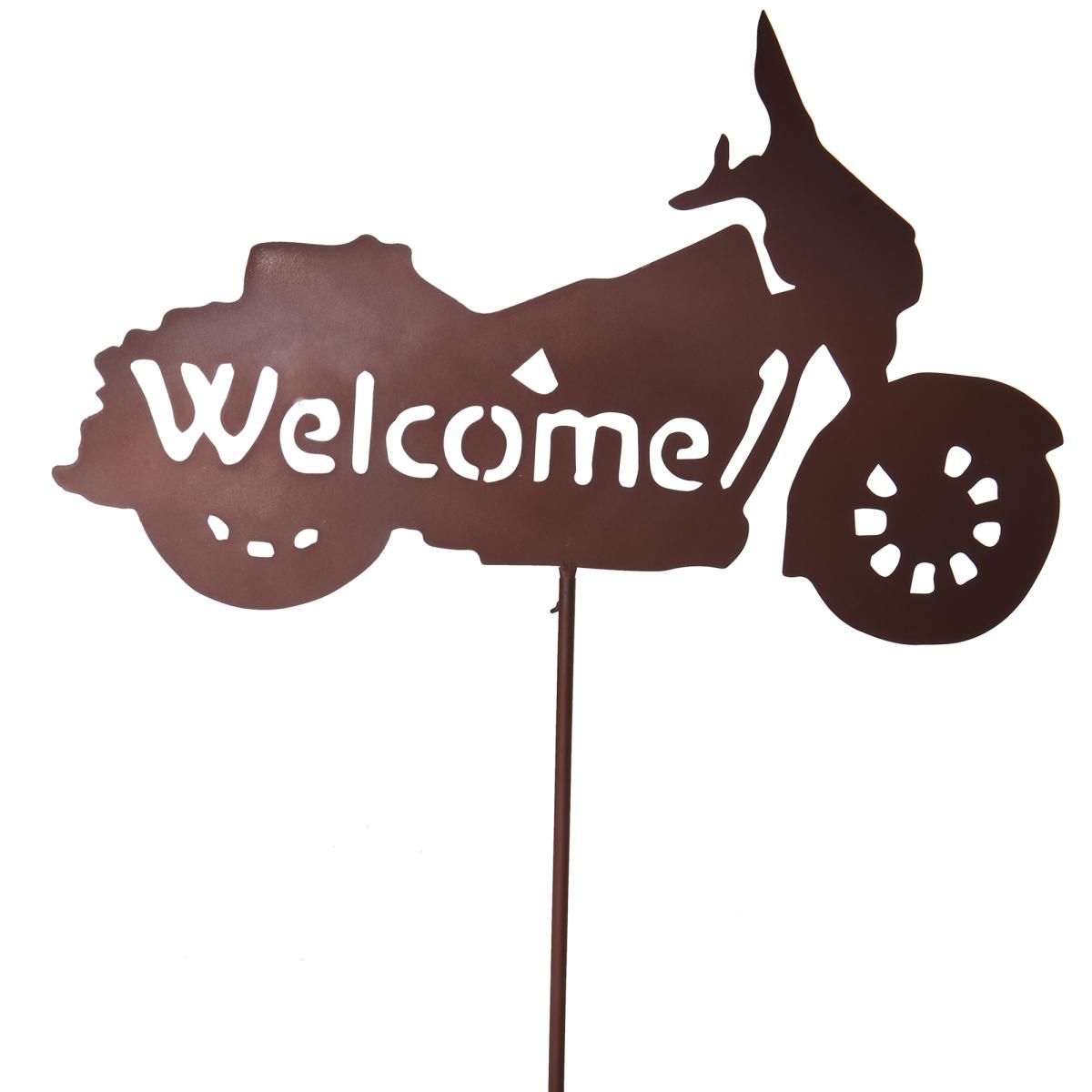 Motorrad mit Willkommen Schild am Stick