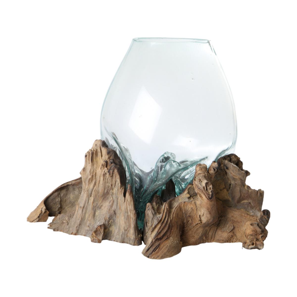 Glasvase auf Teakholzwurzel
