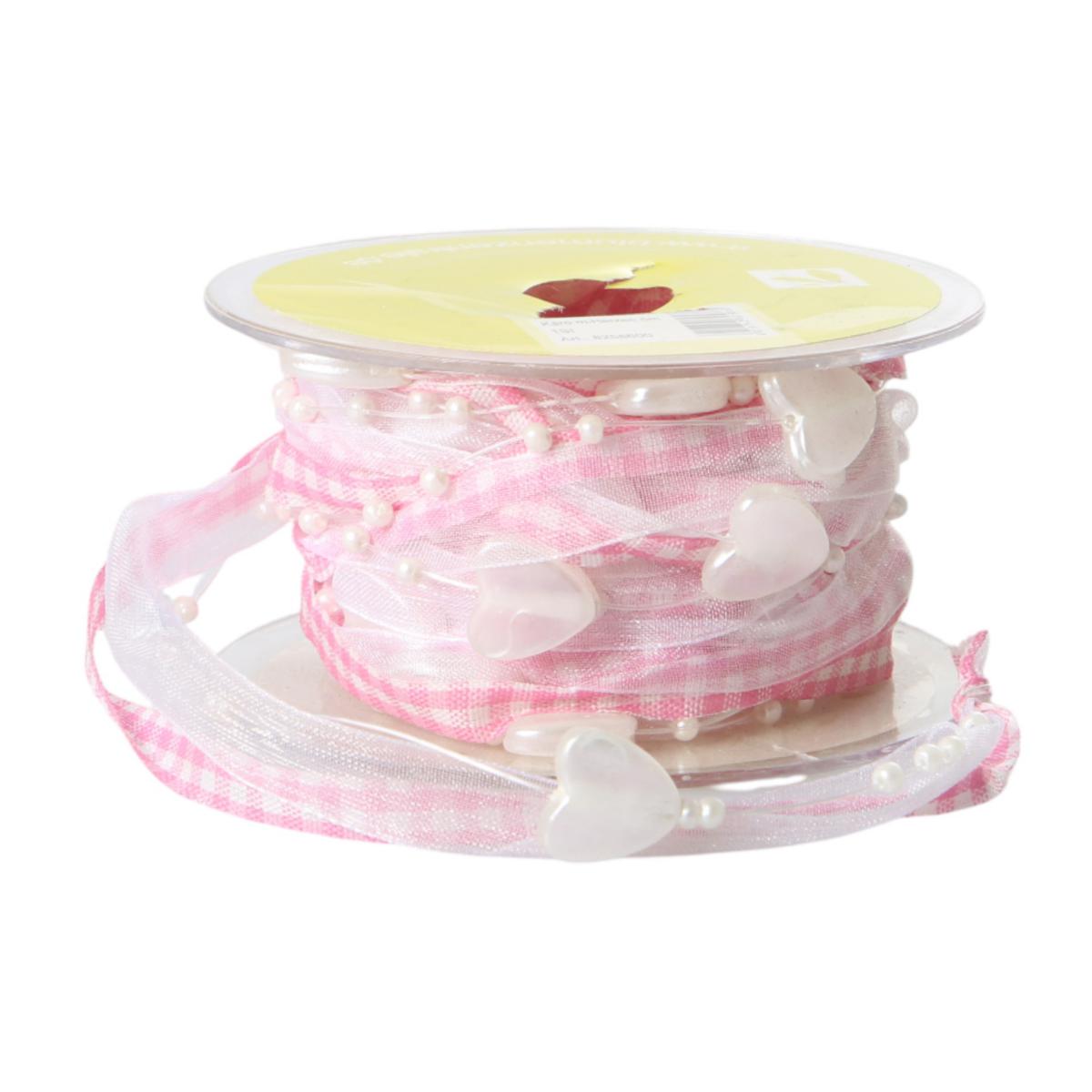 Dekoband-Organza Karo mit Herzen rosa
