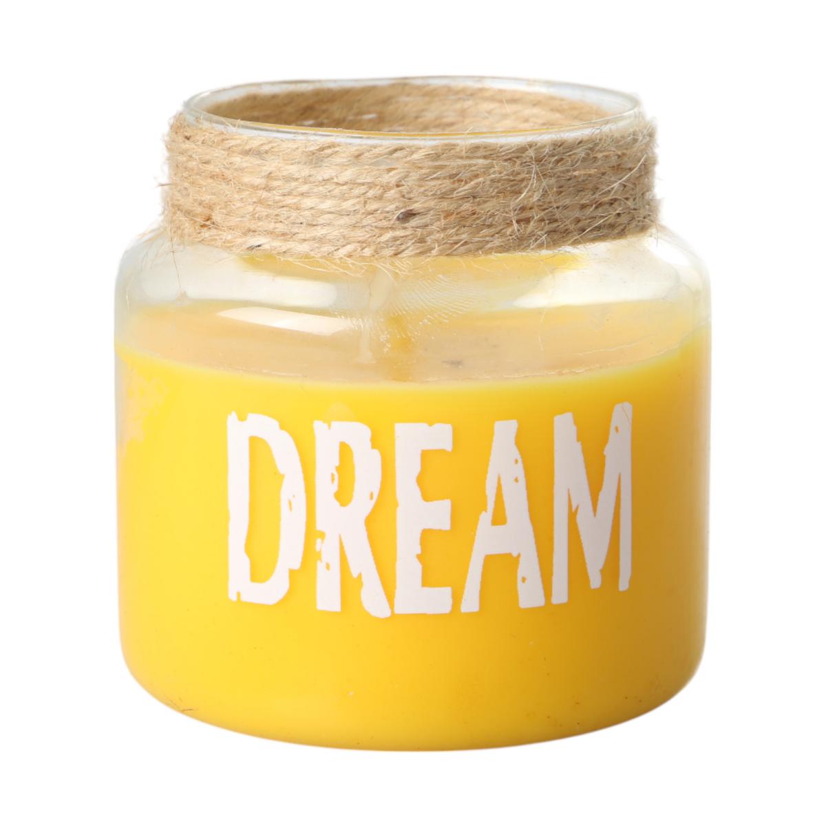 Duftkerze im Glas mit Schriftzug BD 22h gelb