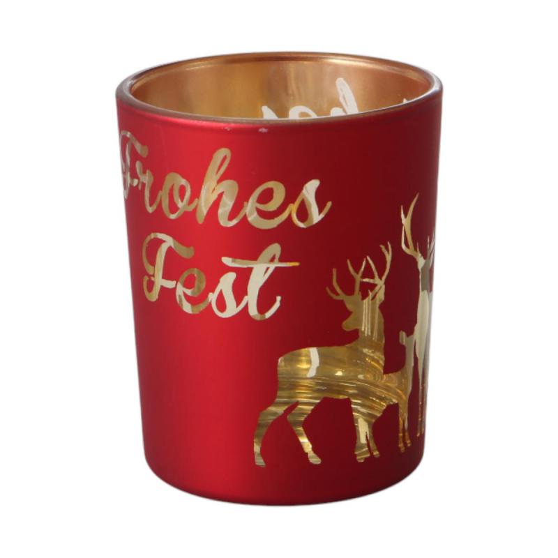 Windlicht mit Reh und "Frohes Fest" rot