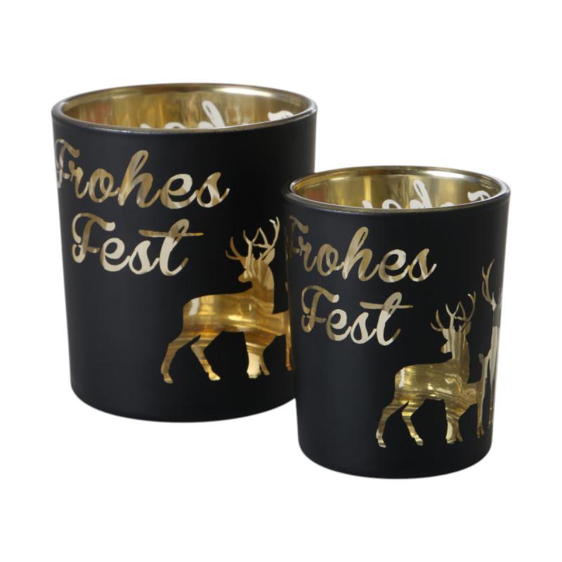 Windlicht mit Reh und "Frohes Fest" schwarz
