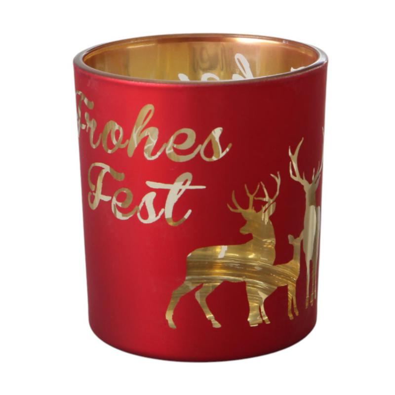 Windlicht mit Reh und "Frohes Fest" rot