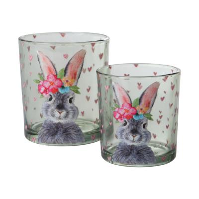Teelichtglas mit Hase gr&uuml;n